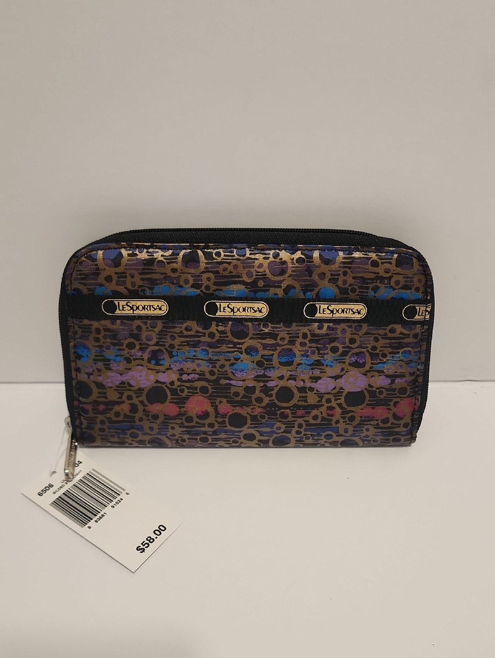 LeSportsac Black Wallet with Metallic Gold and Multicolor Circles Brand New